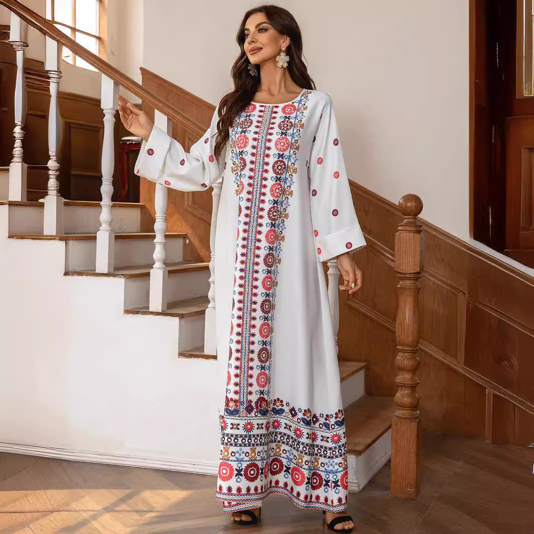 Elegant Red Printed Gold Foil Beaded Maxi Abaya Jalabiya Modest Long Robe for Muslim Women Eid Ramadan Daily Wear Loose Floor Length Dress S-XXL