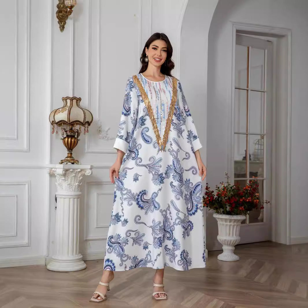 White Floral Print Evening Maxi Abaya Dress - Modest Long Sleeve Robe