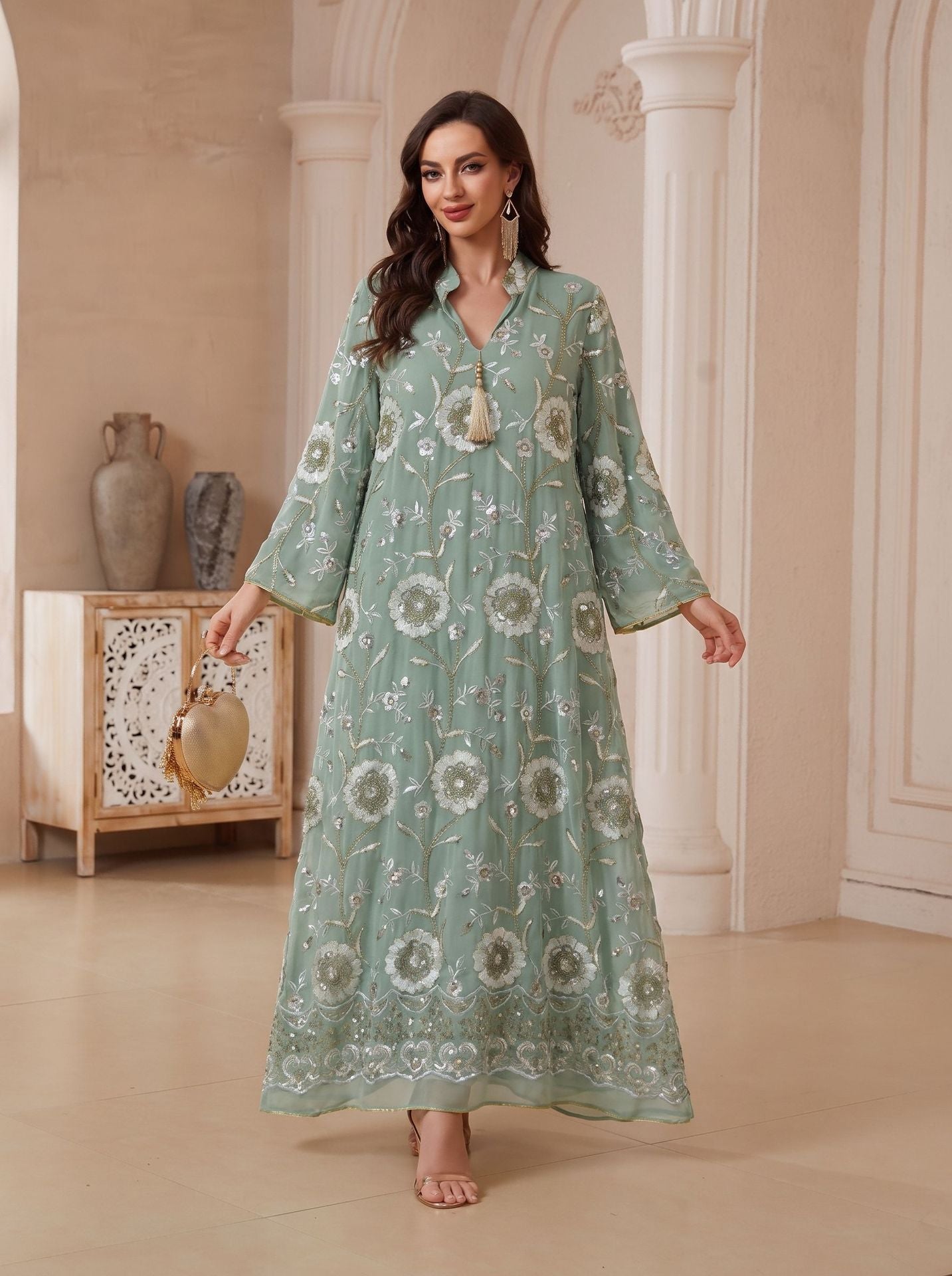 Ivory Wine Light Blue Light Green V-Neck Embroidered Maxi Abaya