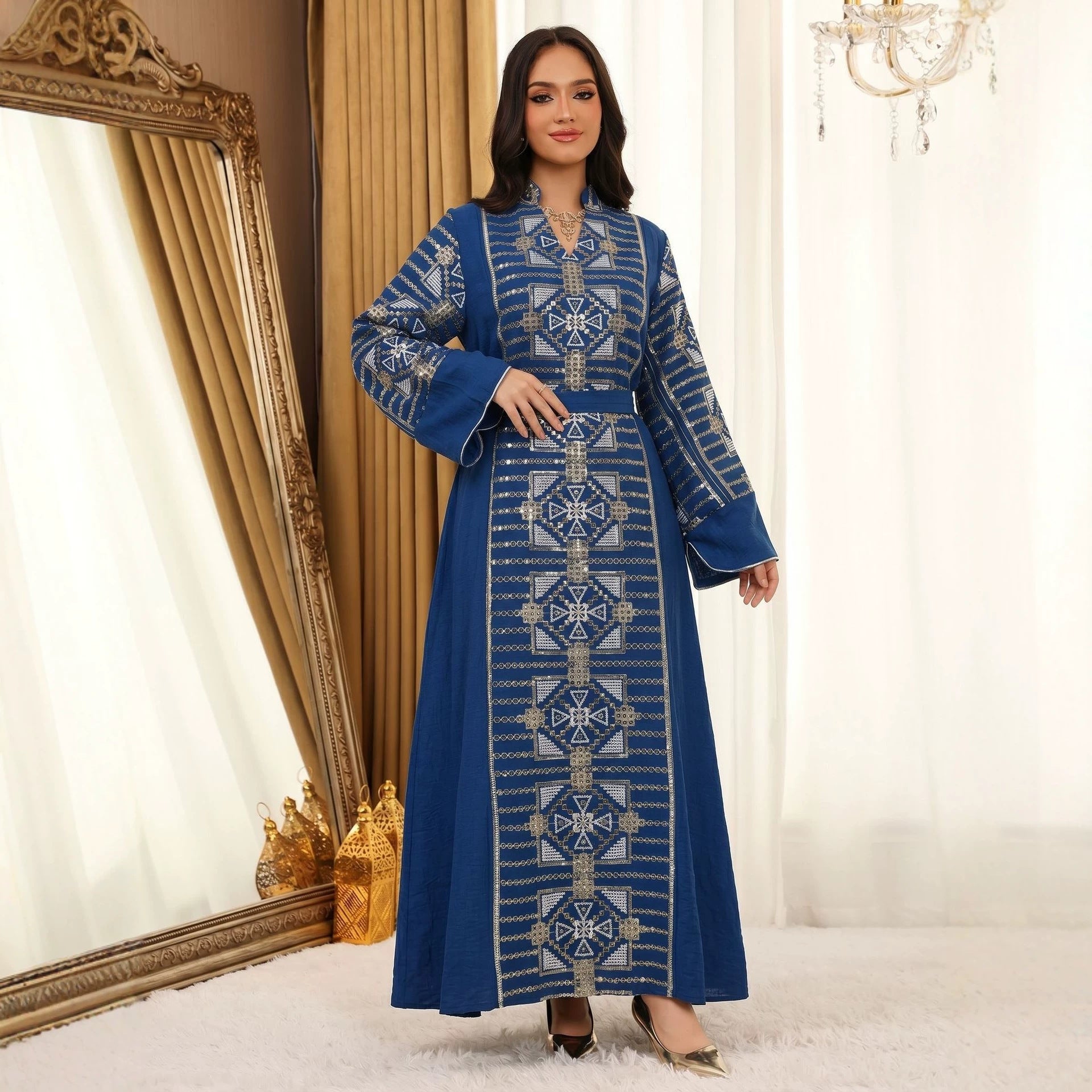 Gold Thread Sequin Embroidered Luxury Gown Jalabiya Modest Long Maxi Evening Dress for Muslim Women Eid Ramadan S-XXL