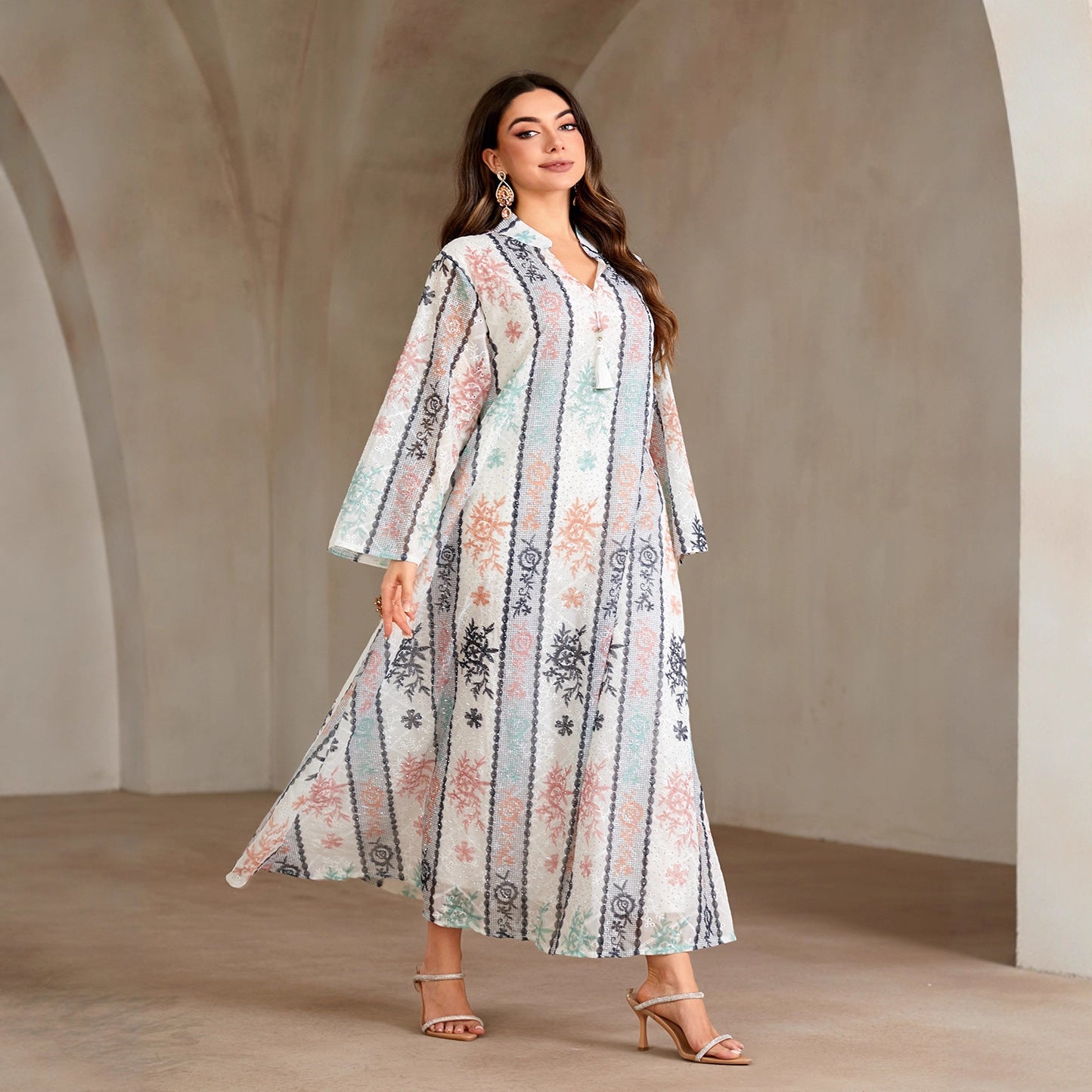 Luxury Floral Print Rhinestone Embellished Gown Jalabiya Modest Long Maxi Dress for Muslim Women Eid Ramadan S-XXL