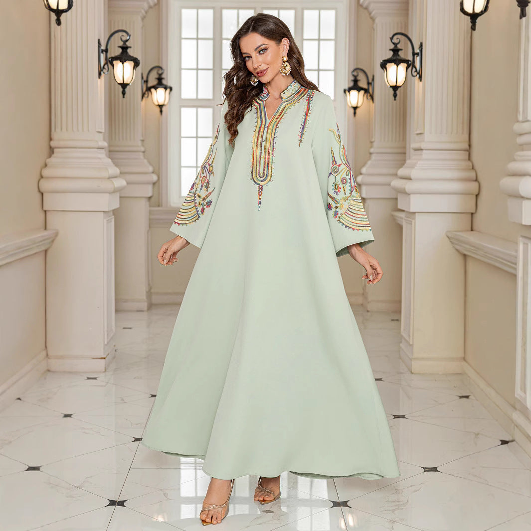 Dubai Islamic Modest Abaya Light Green V Neck Vibrant Multicolor Embroidery Wide Bell Sleeve Oversized Kaftan Gown For Muslim Ladies Holiday Party