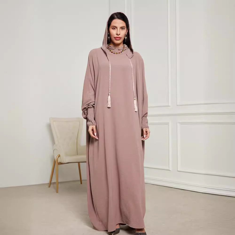 Hooded Hijab Abaya Dress with Drawstring Jalabiya Modest Long Maxi Dress for Muslim Women Eid Ramadan Daily Wear S-XXL