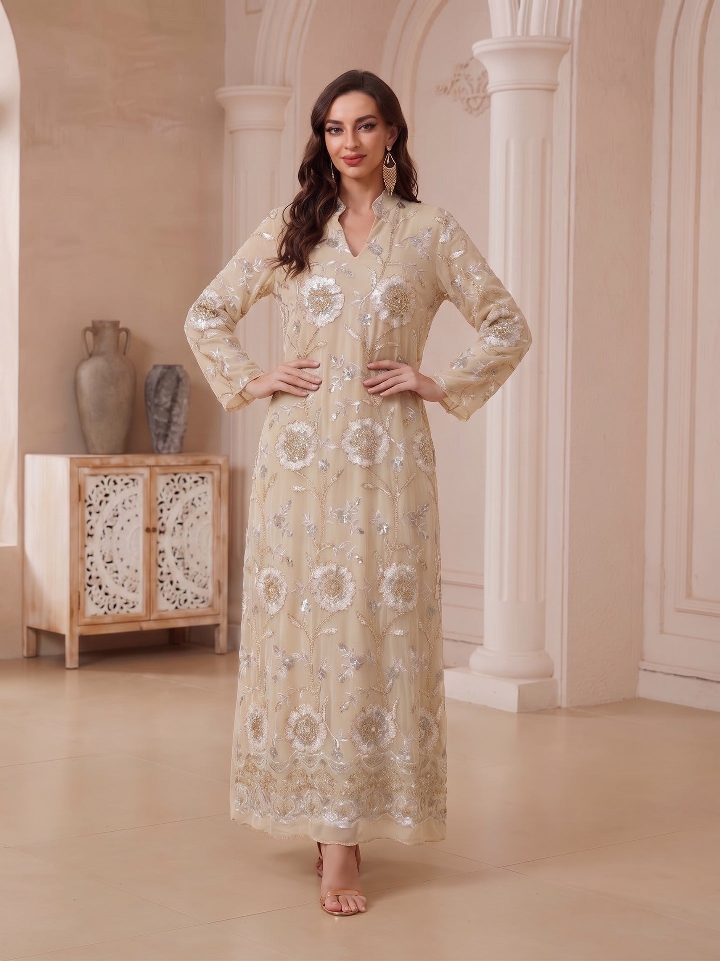 Ivory Wine Light Blue Light Green V-Neck Embroidered Maxi Abaya