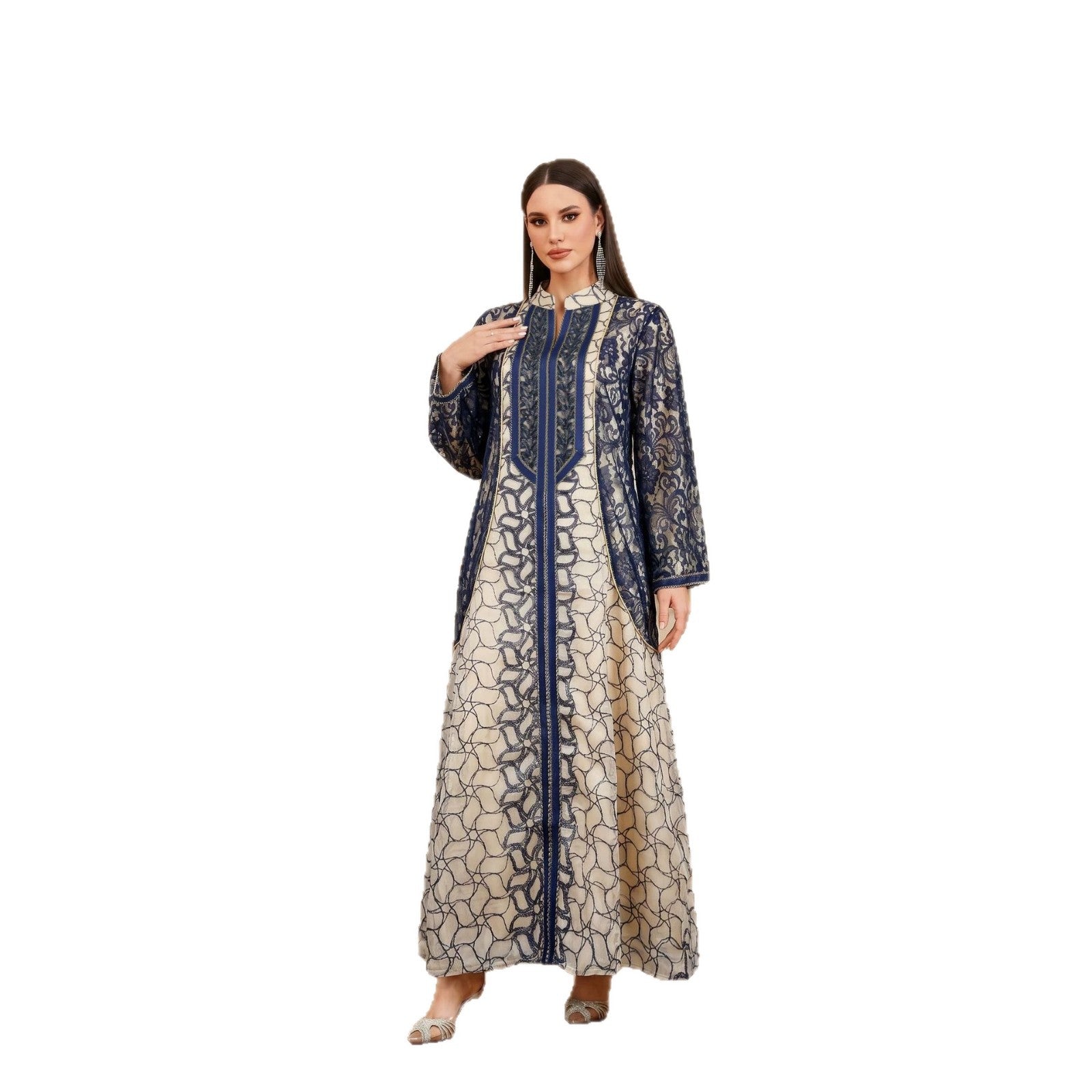 Contrast Lace Trim Sequin Embroidered Gown Jalabiya Modest Long Maxi Evening Dress for Muslim Women Eid Ramadan S-XXL