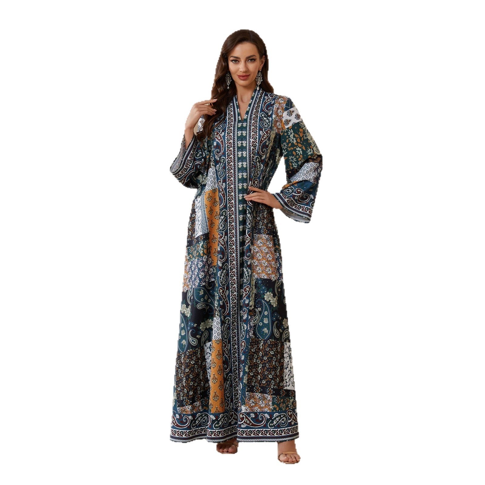 Floral Rhinestone Printed Jalabiya - Casual Modest Long Dress