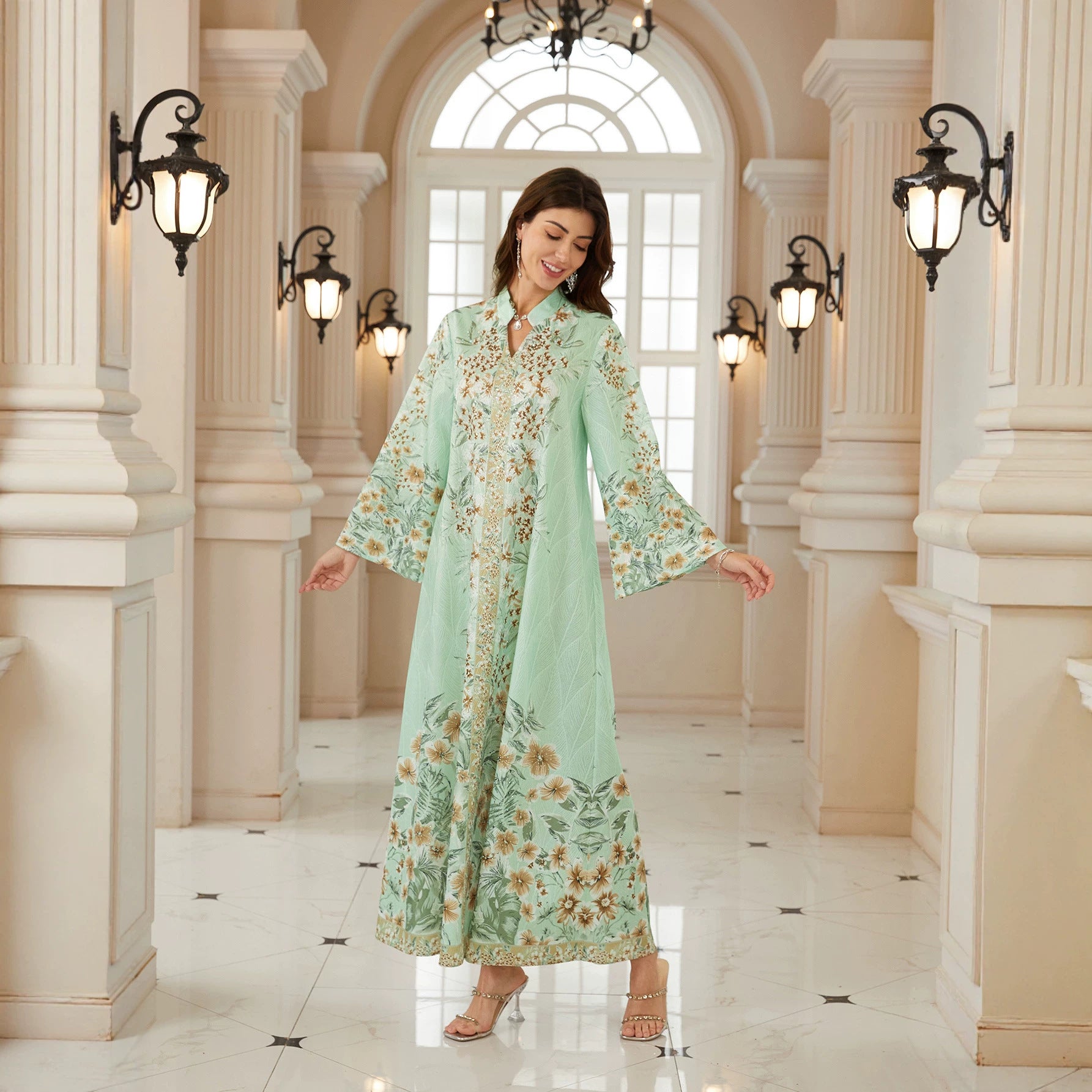 Mint Green Floral Leaf Print Stand Collar Abaya Shiny Rhinestone Embellished V Neck Loose Flare Sleeve Modest Muslim Women Full Length Kaftan For Ramadan Wedding