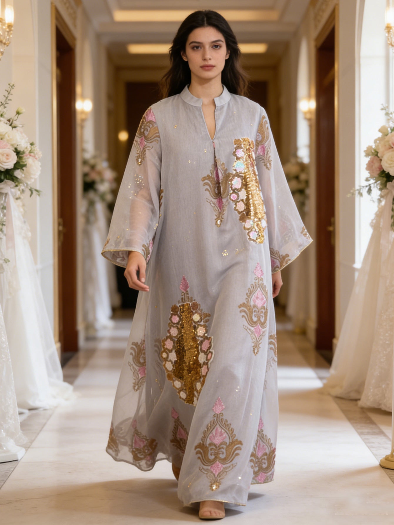 Sequin Leaf Embroidered Cardigan Abaya Dress Open Front Long Robe Modest Maxi Dress for Muslim Women Eid Ramadan S-XXL