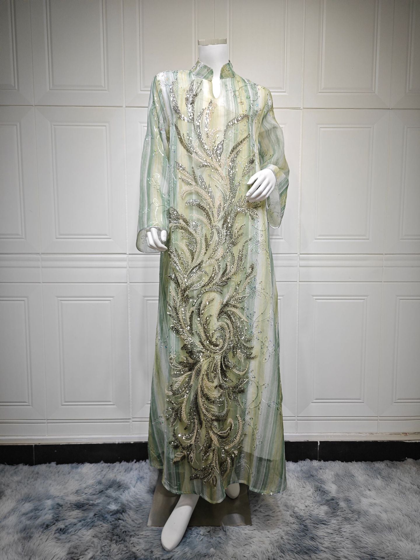 Women Stand Collar V Notch Sequin Embroidery Abaya Gradient Vertical Stripe Print Loose Wide Sleeve Maxi Kaftan Lightweight Formal Modest Dress For Ramadan Wedding Party