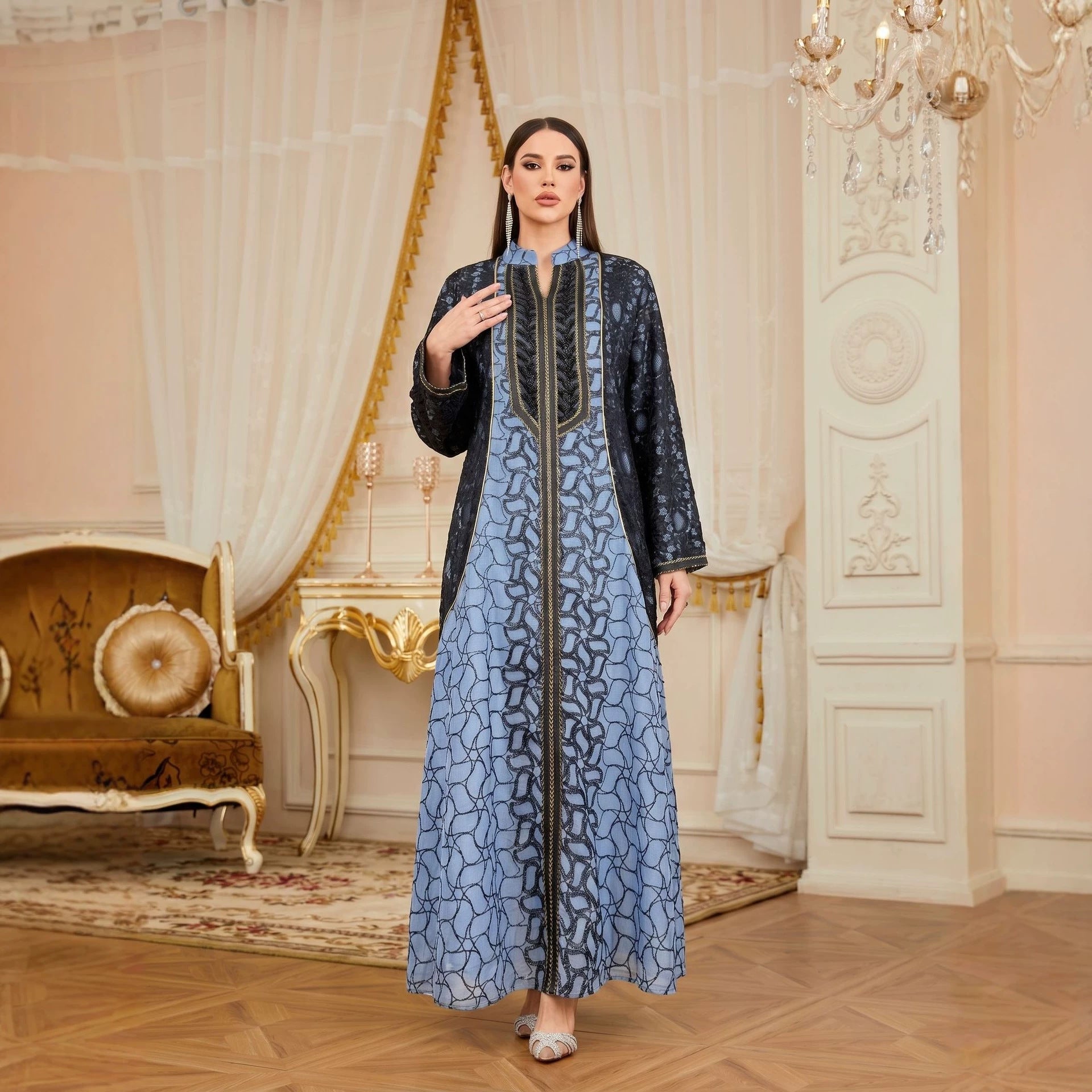 Luxury Banquet Sequin Embroidered Contrast Gown Jalabiya Modest Long Maxi Dress for Muslim Women Eid Ramadan Party S-XXL