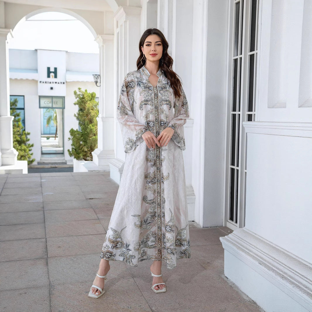 Light Grey Mandarin Collar Abaya - Printed Rhinestone Modest Robe