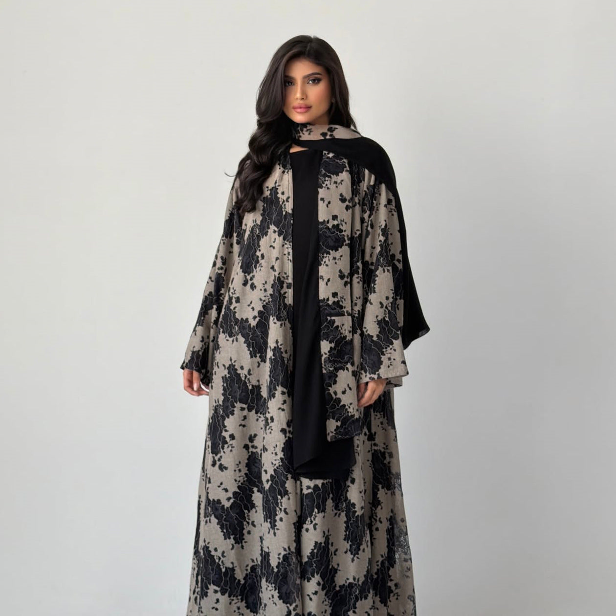 Black Lace Embellished Maxi Abaya with Hijab Two-Piece Set - Plus Size