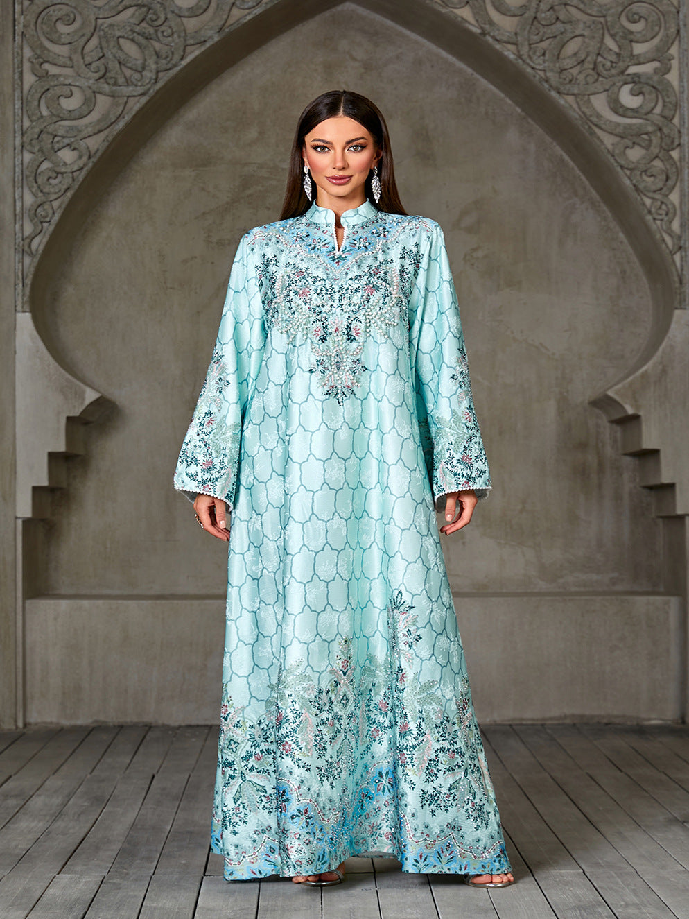 Jacquard Beaded Rhinestone Engineered Print Gown Jalabiya Modest Long Maxi Dress for Muslim Women Eid Ramadan S-XXL