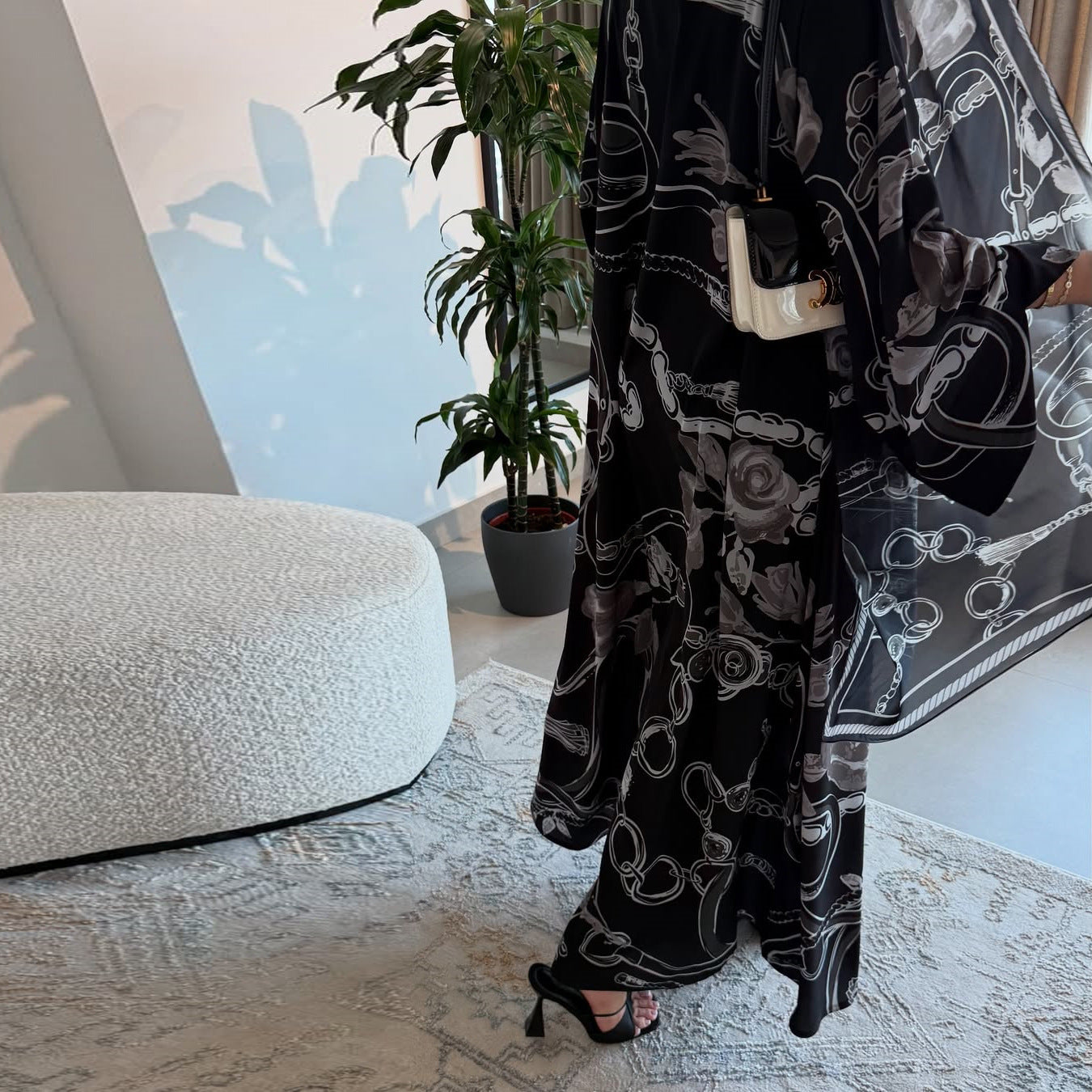 Black Grey Floral Print Open Abaya with Hijab Two-Piece Set