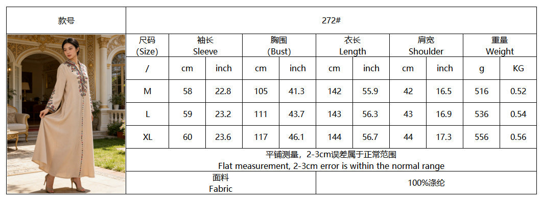 Stand Collar Heavy Embroidered Modest Abaya Jalabiya Long Maxi Dress for Muslim Women Ramadan Prayer Casual Wear S-XXL