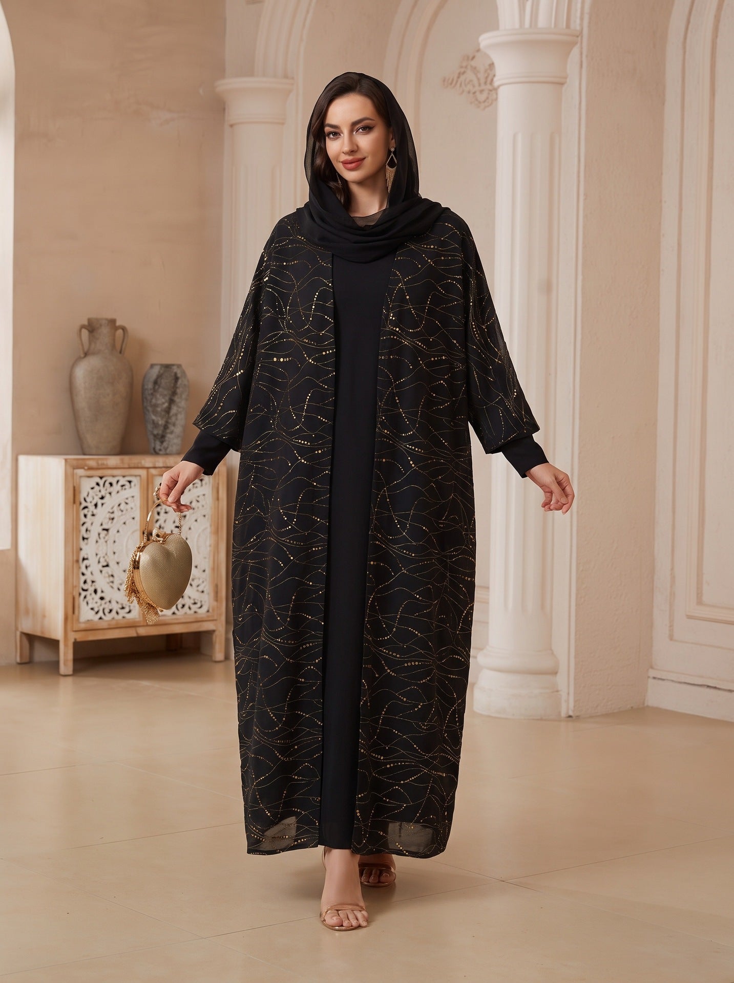 Black Peacock Green Open Outerwear with Hijab Set