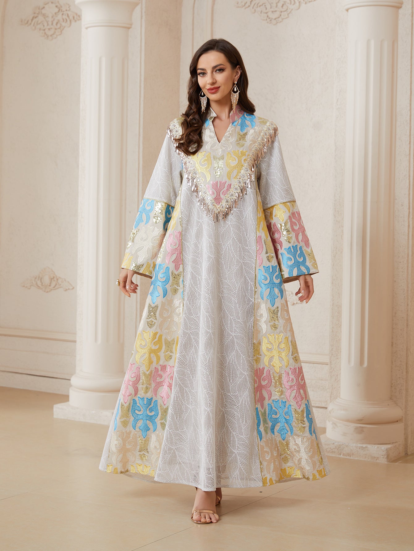 Women Grey White Colorful Embroidery Tassel V Stand Collar Flare Sleeve Abaya Loose Long Dubai Muslim Modest Kaftan Maxi Dress For Wedding Eid Ramadan