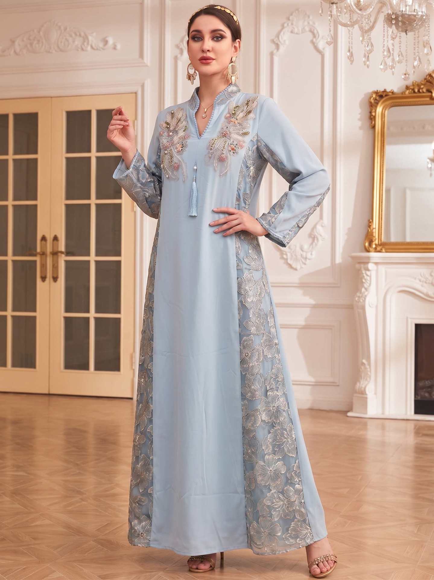 Ivory Pink Light Blue V-Neck Beaded Embroidered Evening Maxi Abaya