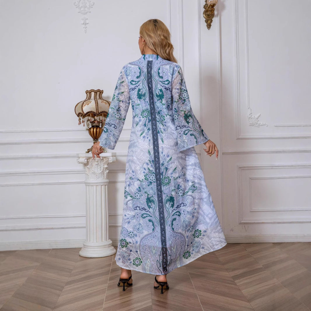Light Blue Floral Print Rhinestone Embroidered Maxi Abaya Dress
