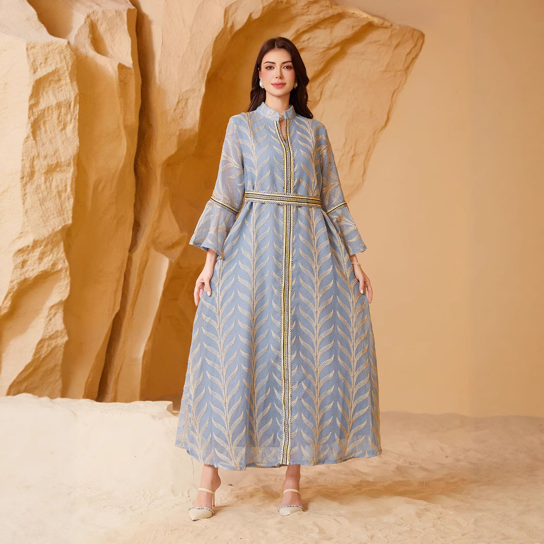 Saudi Muslim Women Premium Sheer Moroccan Kaftan Dusty Blue Golden Palm Leaf Embroidery Mandarin Collar Zip Closure Matching Waist Belt Oversize Flare Sleeve Loose Maxi Formal Outfit For All Gulf Ladies Eid Celebration Wedding Reception