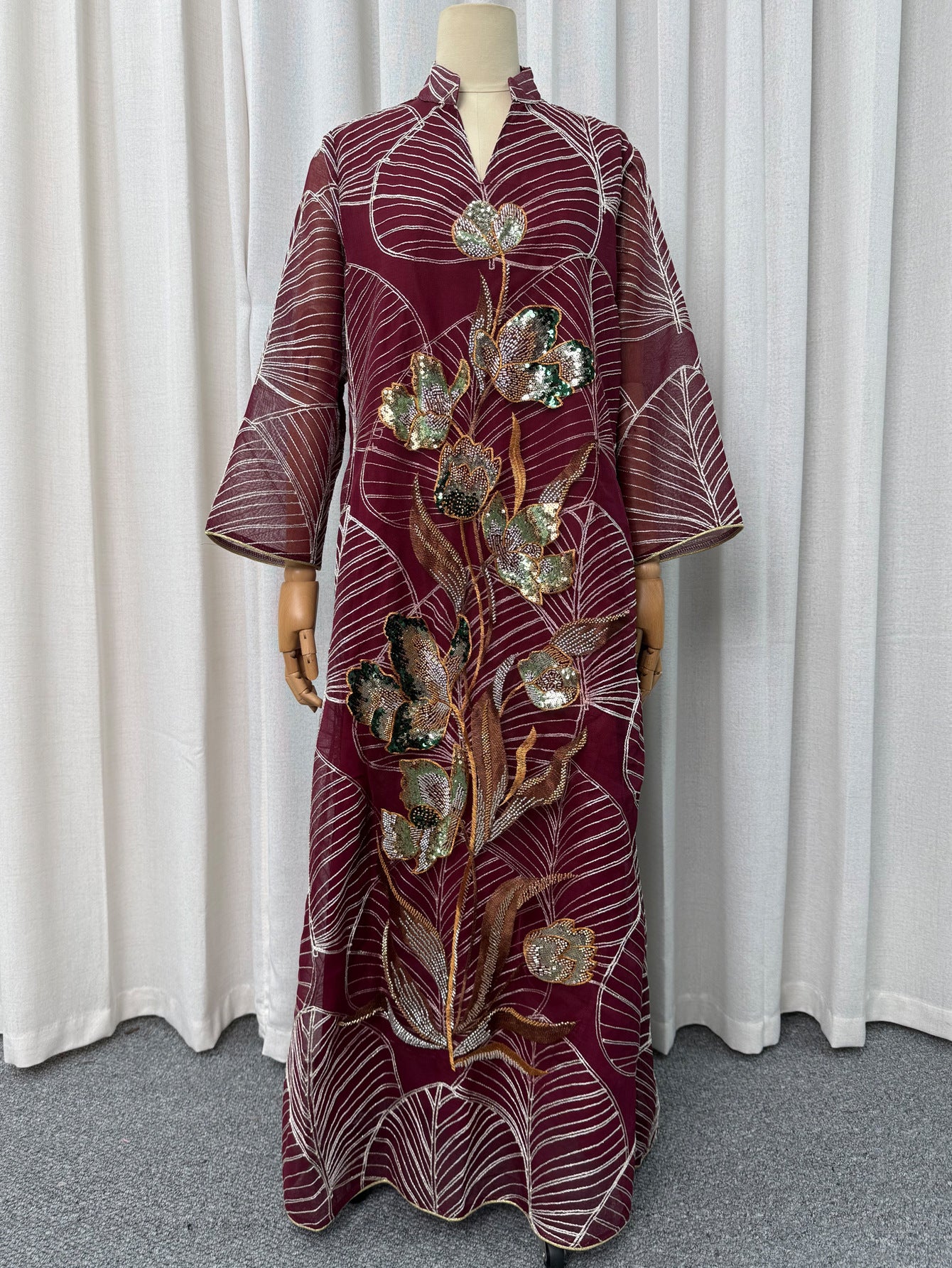 Apricot Emerald Green and Wine Red Leaf Pattern Embroidered Maxi Abaya
