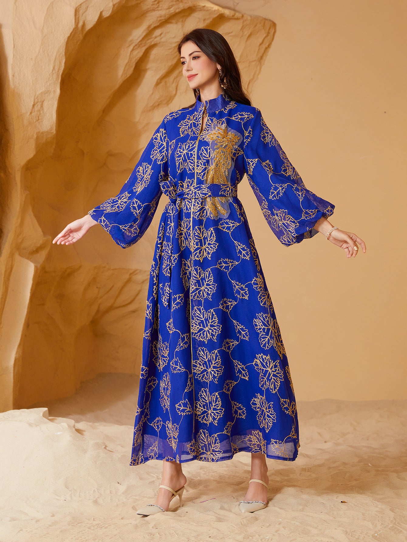 Luxury All Over Gold Print Middle East Kaftan Two Colors Stand Collar Lantern Sleeve Modest Ramadan Maxi Dress