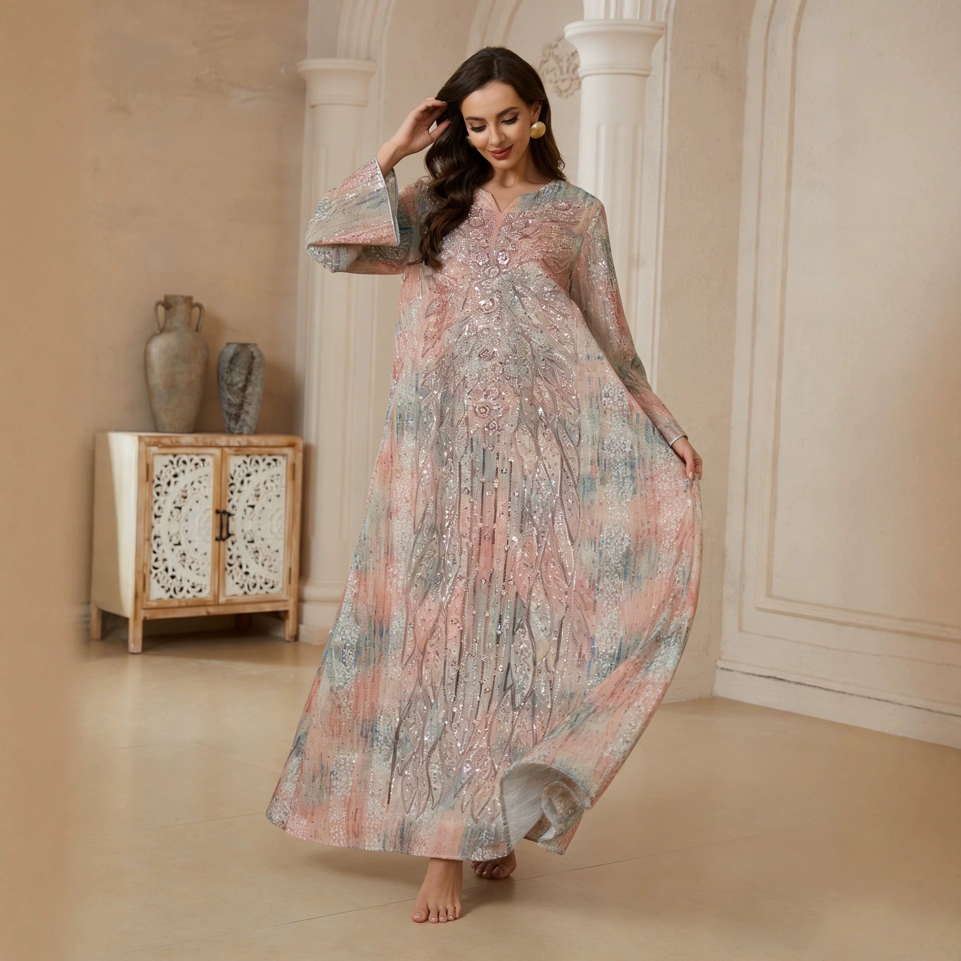 Dubai Islamic Modest Abaya Pink Blue Gradient Tie Dye V Neck Shiny Sequin Embroidery Wide Bell Sleeve Oversized Kaftan Gown For Muslim Ladies Holiday Party
