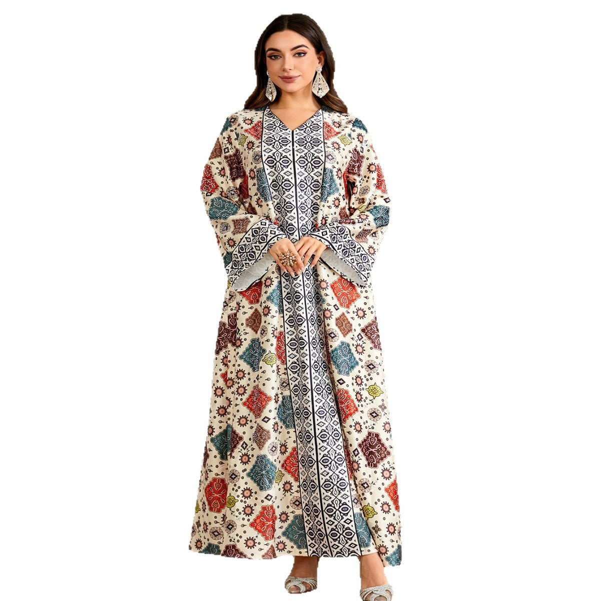 Ethnic Geometric Print Rhinestone Embellished Gown Jalabiya Modest Straight Maxi Dress for Muslim Women Eid Ramadan S-XXL