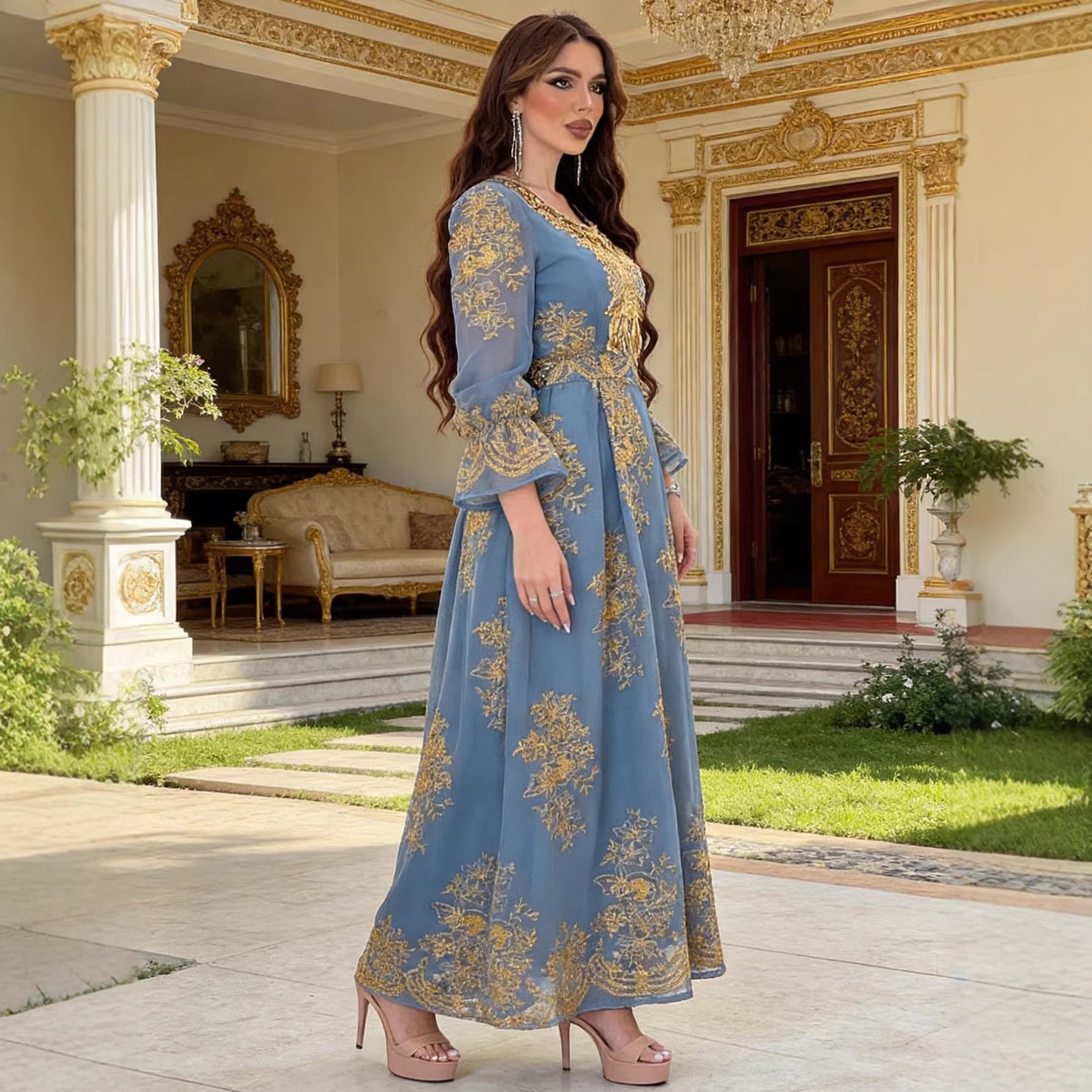 Green and Sky Blue Wedding Embroidered V-Neck Belted Maxi Dress Jalabiya Modest Long Dress for Muslim Women Eid Ramadan Formal Party S-XXL