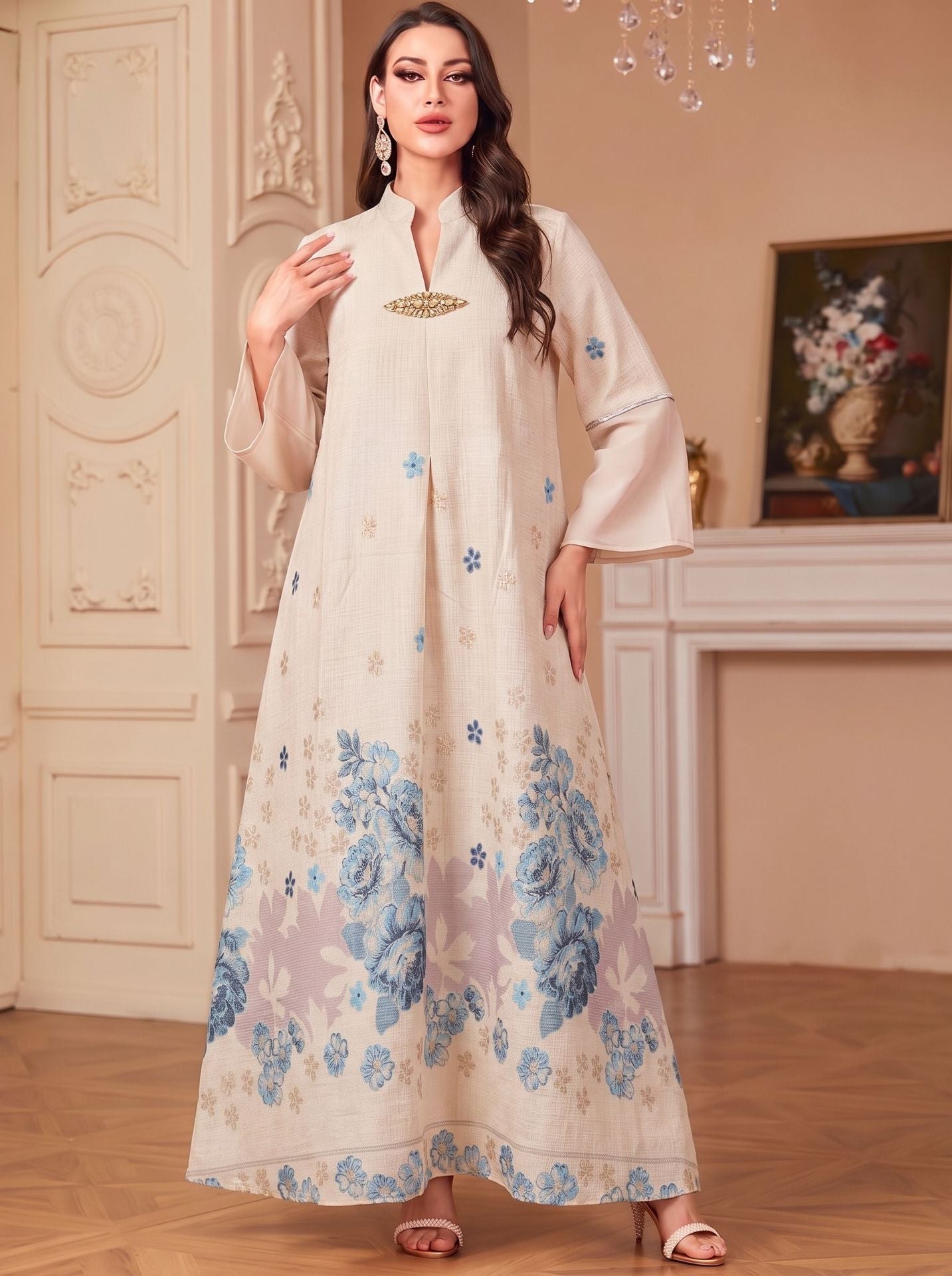 Camel Blue Light Blue V-Neck Rhinestone Embroidered Evening Abaya Dress
