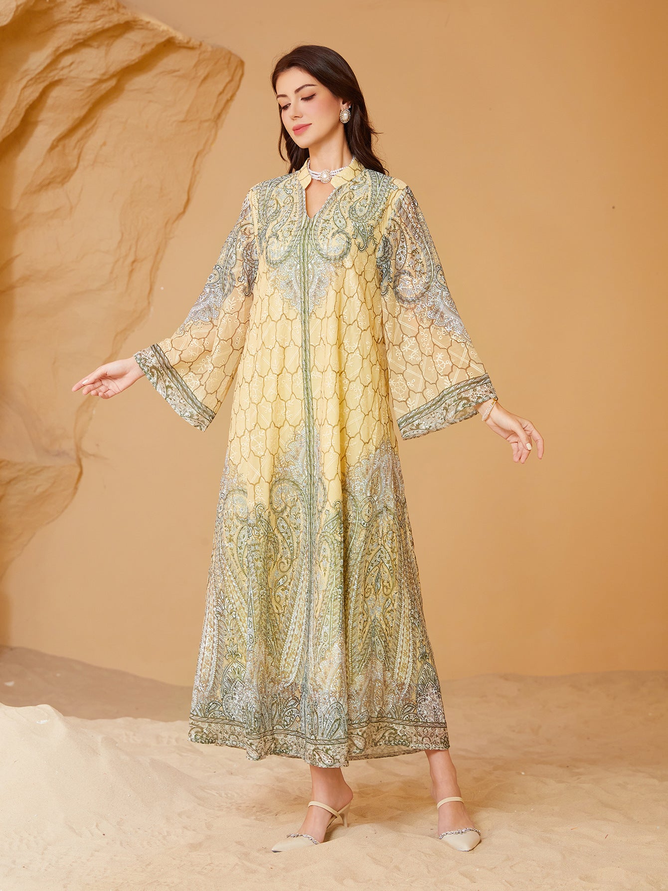 Exquisite Yellow Rhinestone Beaded Kaftan Abaya Maxi Eid Ramadan
