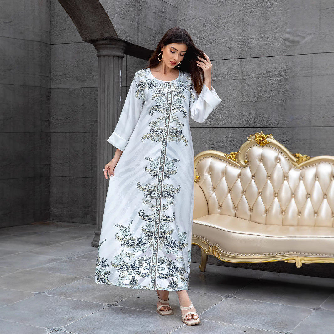 Light Grey Rhinestone Beaded Floral Maxi Abaya Dress