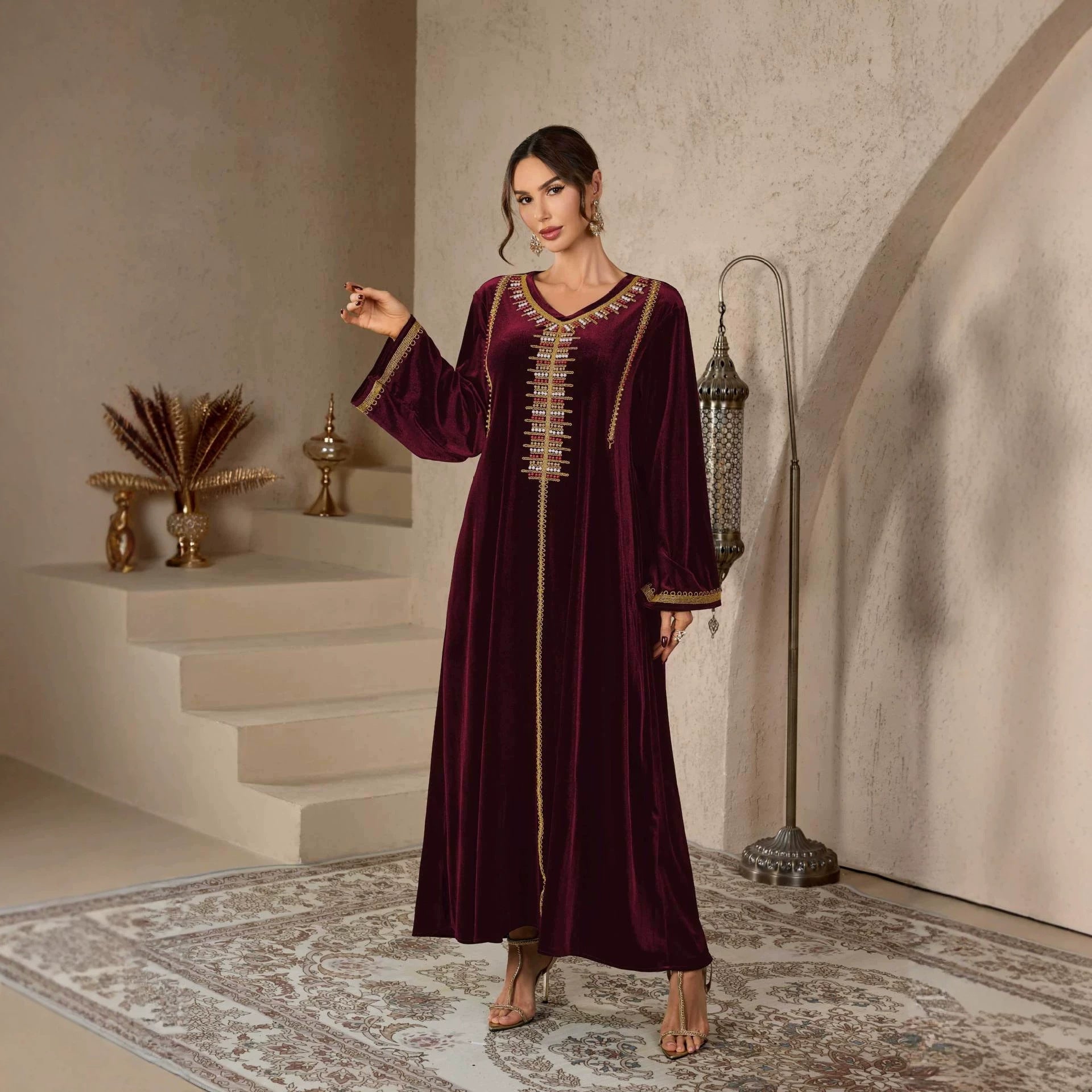 V-Neck Floral Embroidered Kaftan Dress Jalabiya Modest Long Maxi Dress for Muslim Women Eid Ramadan Formal Party S-XXL