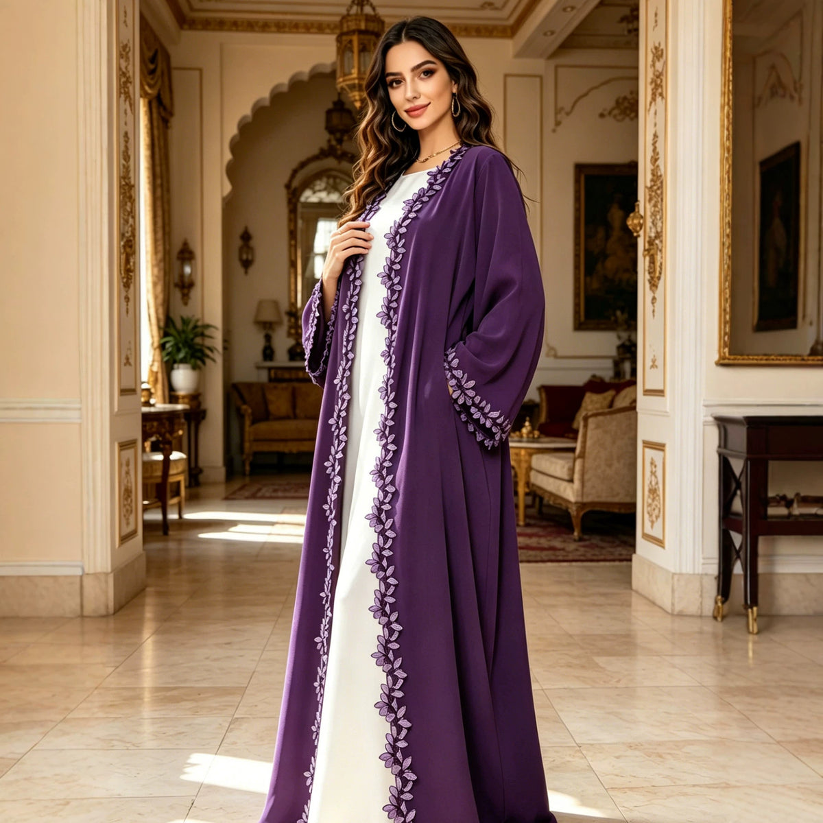 Delicate Lace Trim Embroidered Open Front Abaya Cardigan Modest Long Maxi Gown for Muslim Women Festive Banquet Party - 216