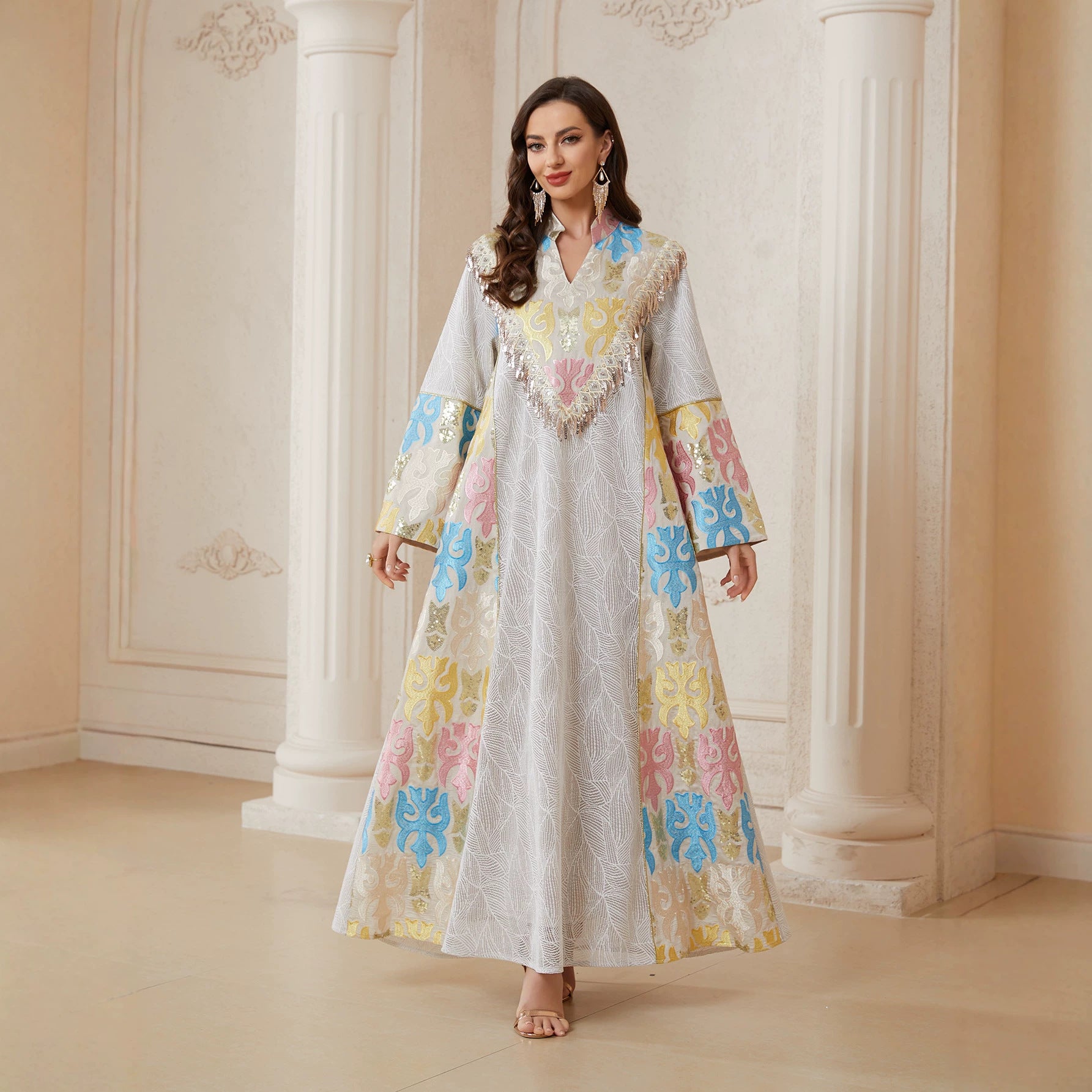 Women Grey White Colorful Embroidery Tassel V Stand Collar Flare Sleeve Abaya Loose Long Dubai Muslim Modest Kaftan Maxi Dress For Wedding Eid Ramadan