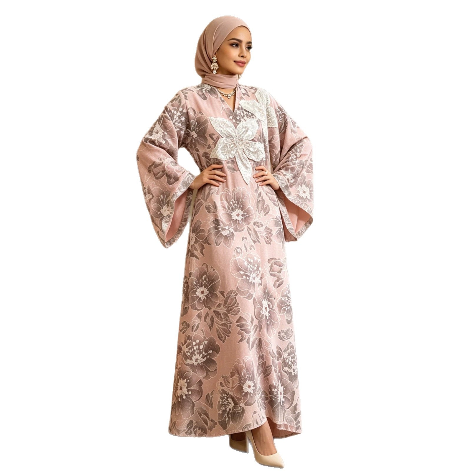 Yellow Pink Heavy Rhinestone Floral Embroidered Gown Batwing Sleeve Jalabiya Modest Long Maxi Dress for Muslim Women Eid Ramadan