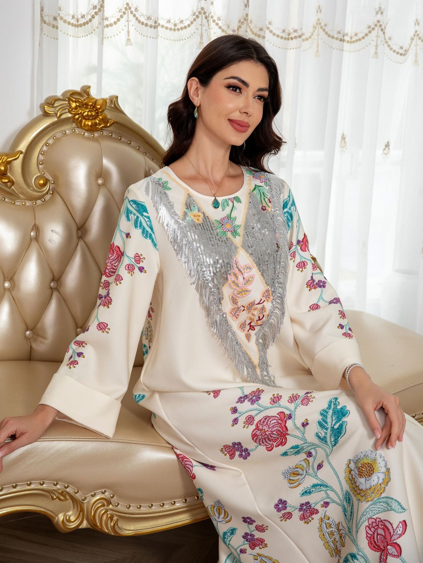 Ivory Floral Print Pullover Abaya - All-Over Stretch Modest Maxi Dress