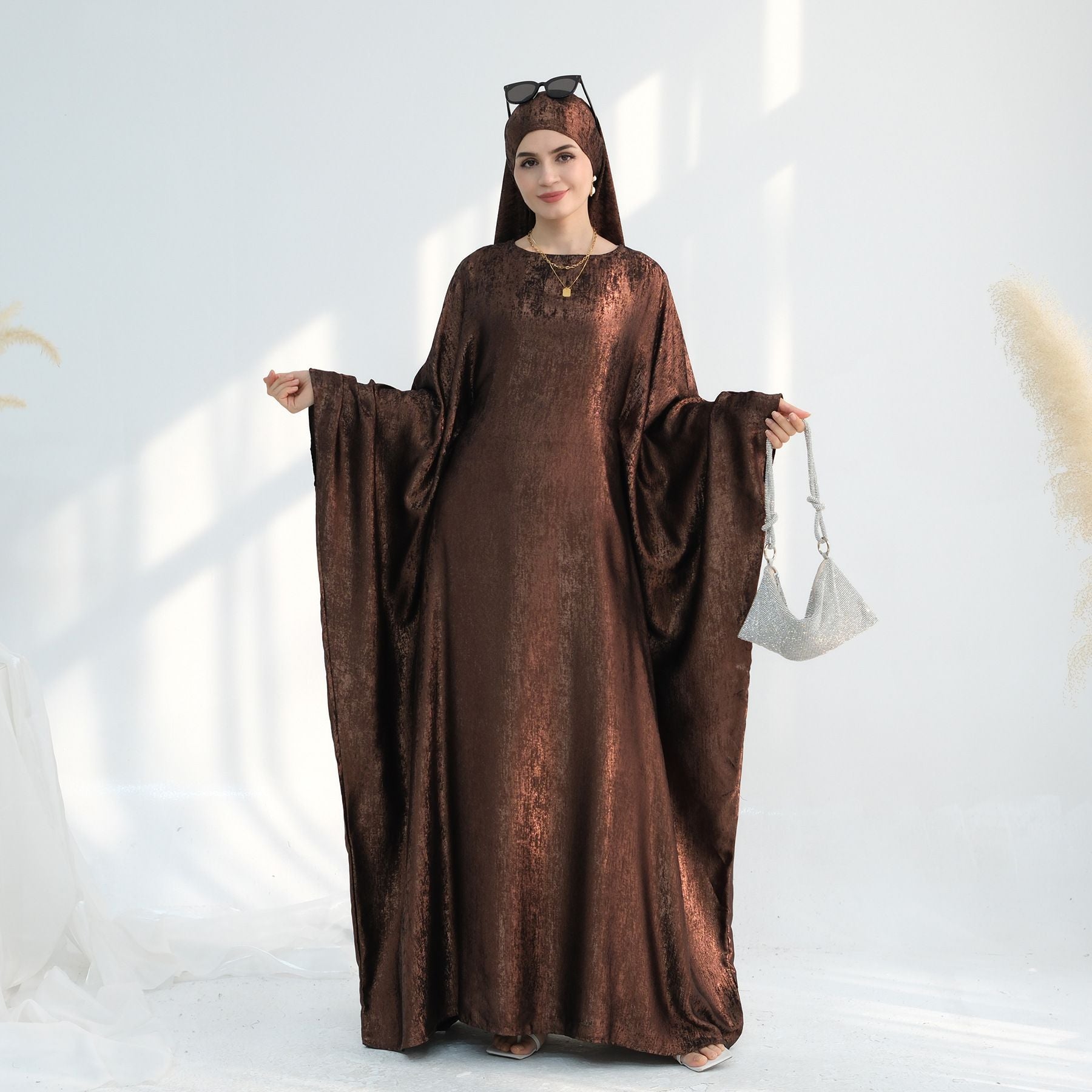 Coffee and Pink Gold Foil Batwing Sleeve Round Neck Maxi Abaya Dress - Free Size