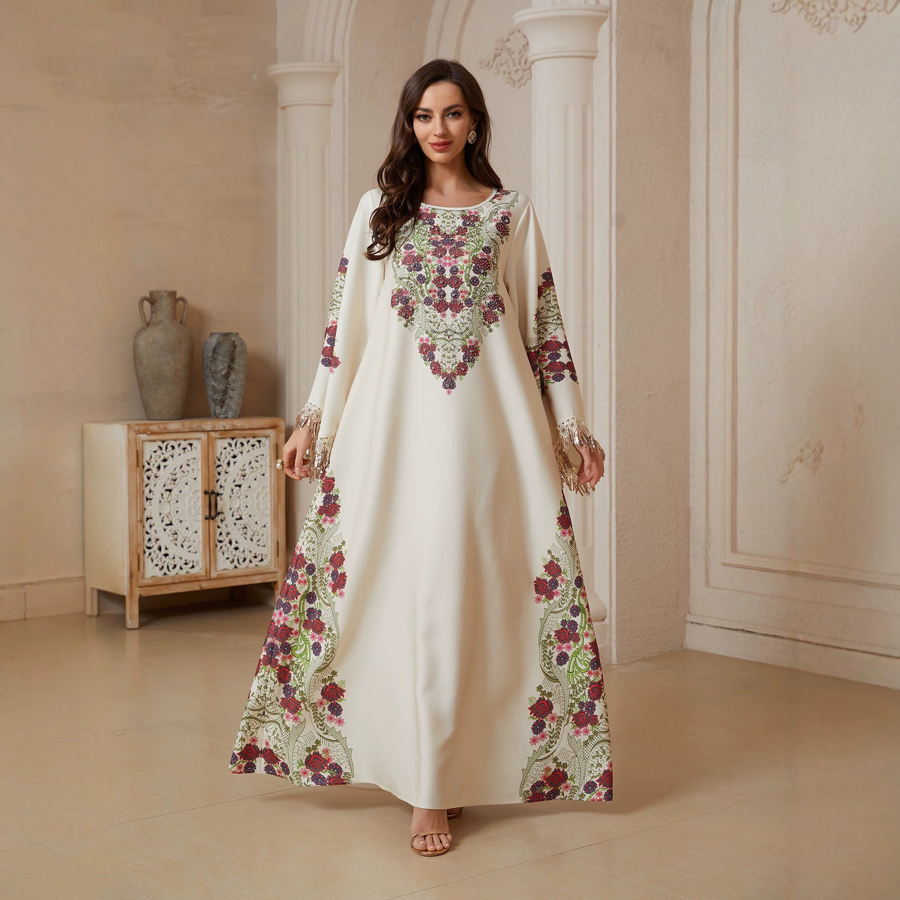 Round Neck Vintage Floral Print Jalabiya Women Gold Tassel Flare Sleeve Maxi Kaftan Loose Draped Modest Dress For Eid Mubarak Ramadan Casual Party Holiday Outfit