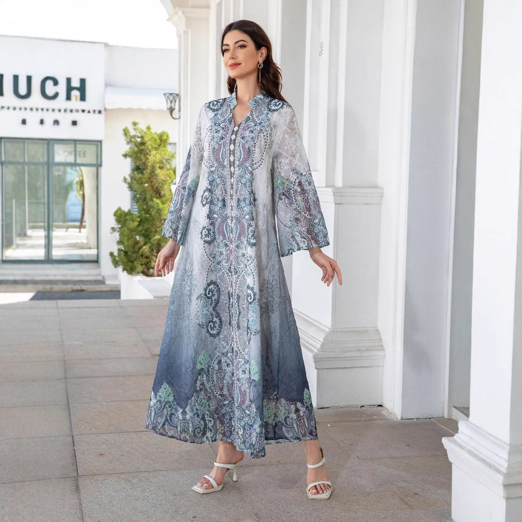Stunning Blue Rhinestone Abaya – Modest Muslim Embroidered Maxi