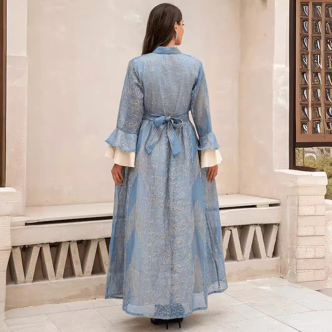 Premium Gold Embroidered Two Piece Abaya Set Women Light Blue Sheer Stand Collar Flare Sleeve Open Robe Matching Waist Belt Floor Length White Inner Dress Luxury Modest Outfit For Middle East Eid Celebration & Nikkah Wedding Ceremony