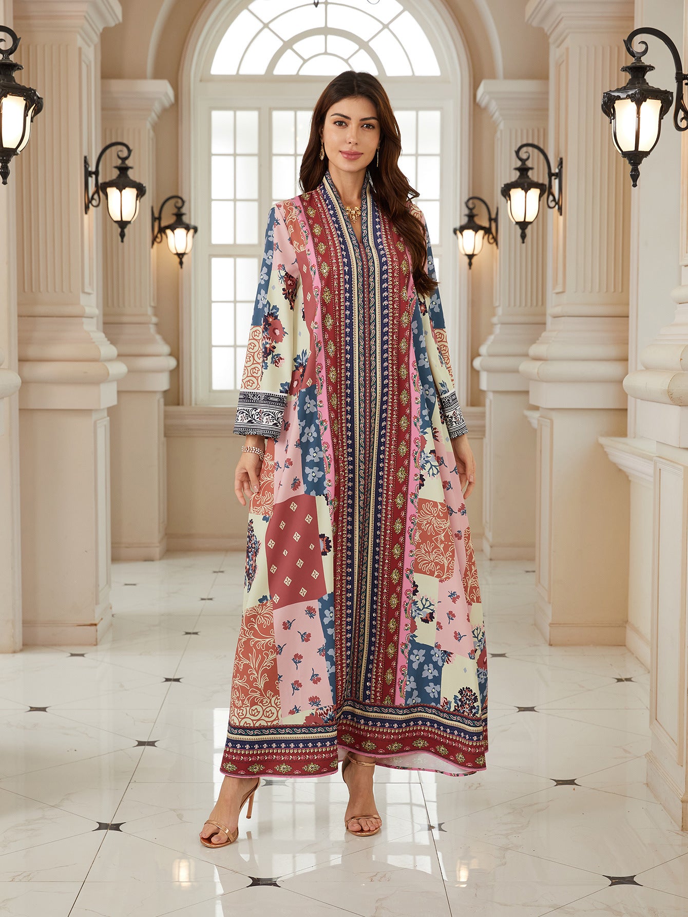 Exquisite Floral V-Neck Abaya – Ethnic Modest Maxi Dress