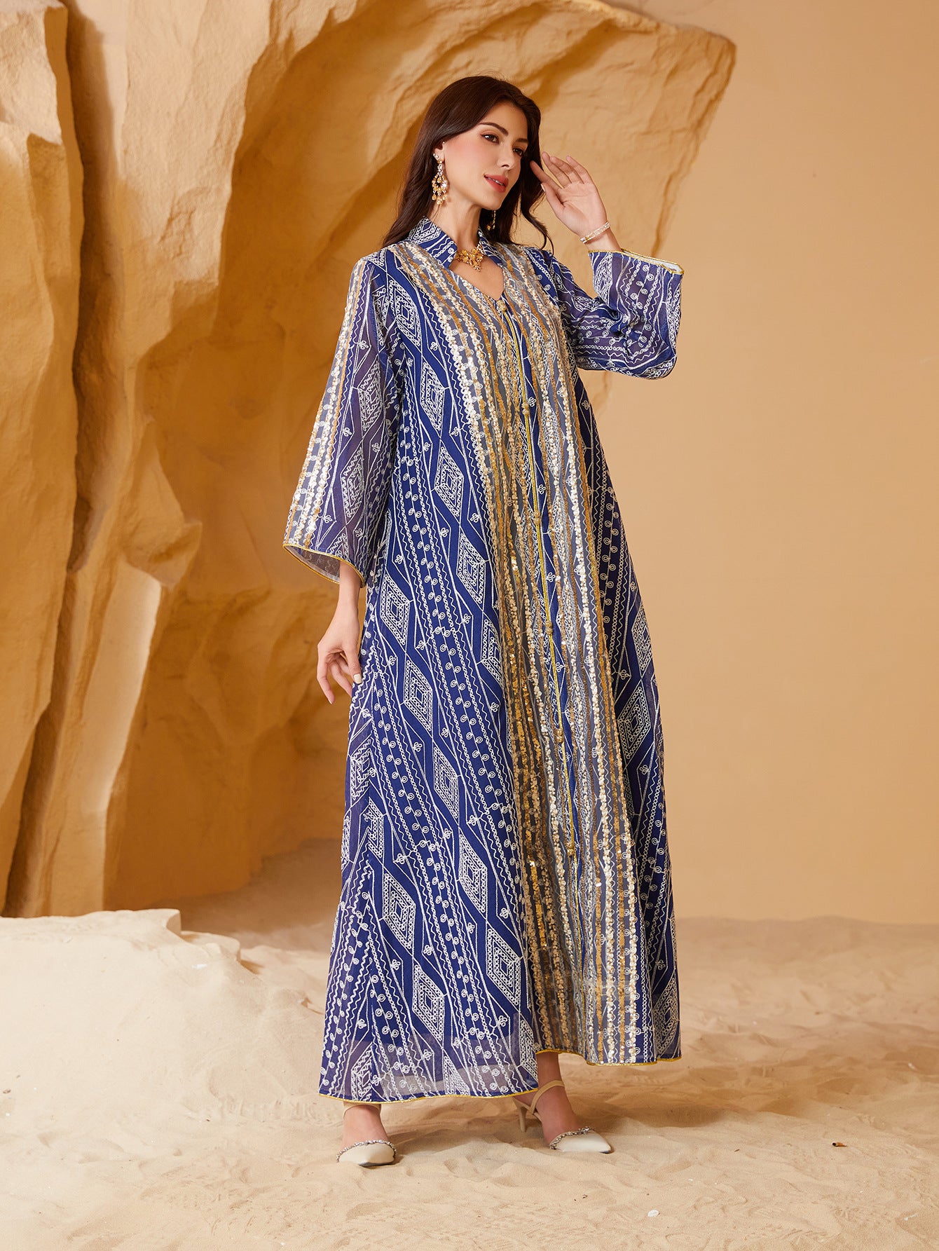 Gold Silver Geometric Line Print Organza Abaya For Women Notch Collar Three Quarter Sleeve Dubai Luxury Loose Muslim Kaftan Modest Maxi Dress For Eid Ramadan Wedding Evening Party 2 Colors