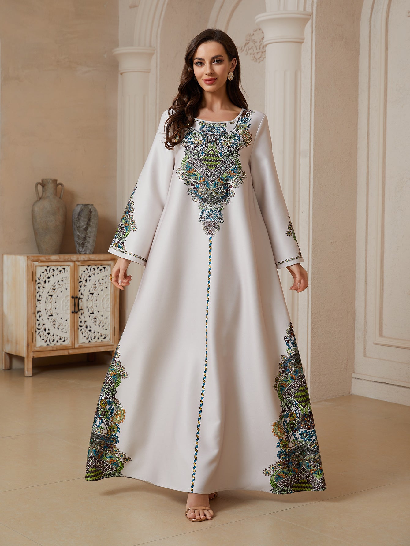 White Satin Muslim Abaya Long Sleeve Ethnic Paisley Print Maxi Dress Modest Islamic Kaftan Gown Free Worldwide Shipping