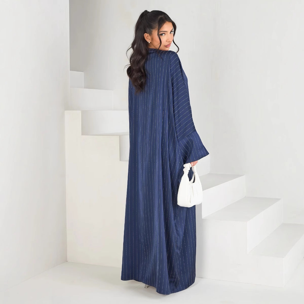 Luxury Rhinestone Striped Loose Open Front Abaya Cardigan Modest Long Maxi Cape Gown for Women Festive Banquet One Size