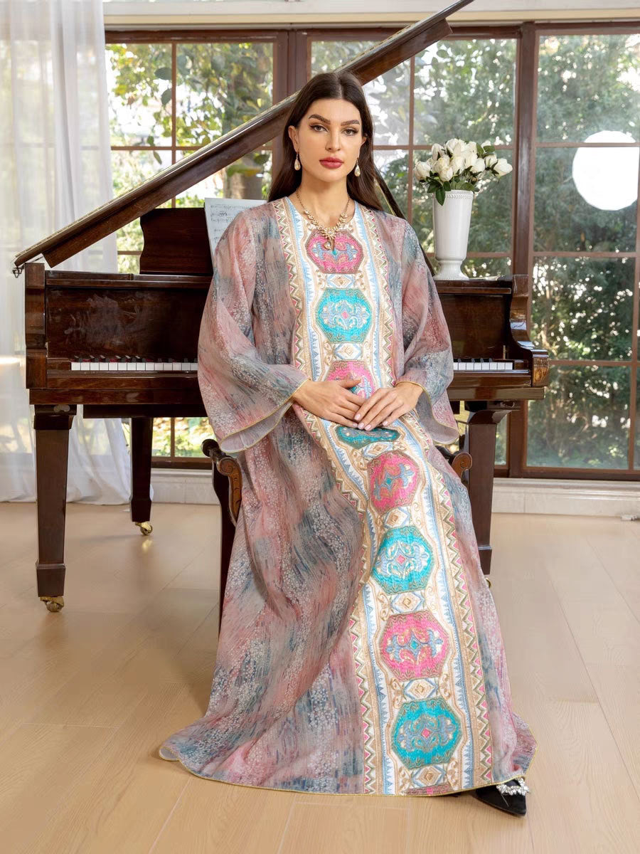 Pink Sequin Embroidered Gown Cover-up Long Maxi Dress Modest Muslim Jalabiya Robe for Women Eid Ramadan