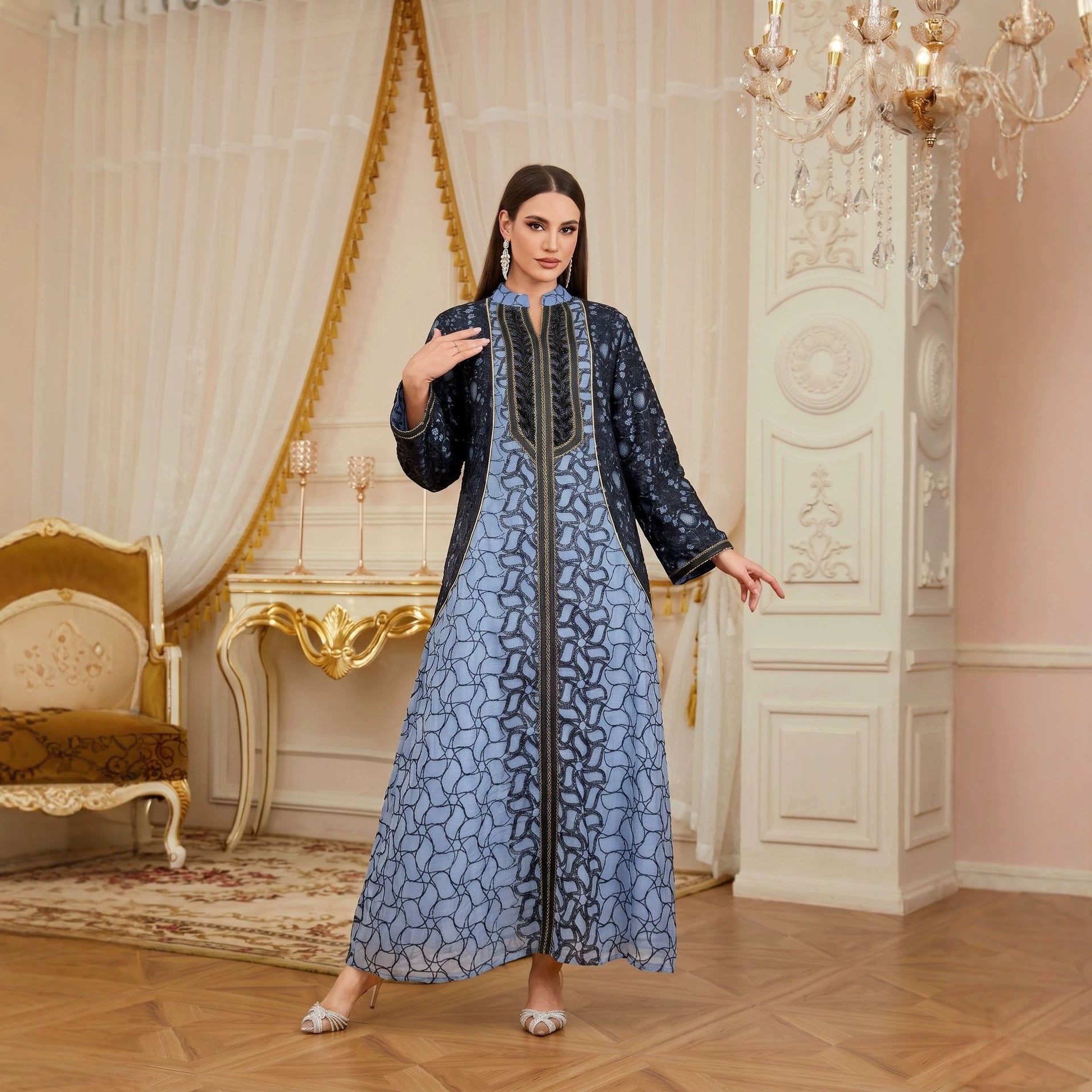 Luxury Banquet Sequin Embroidered Contrast Gown Jalabiya Modest Long Maxi Dress for Muslim Women Eid Ramadan Party S-XXL