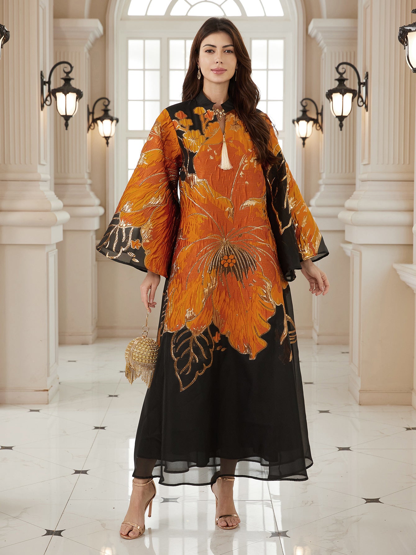 New Arrival Cross-Border Elegant Ready-to-Wear Muslim Abaya Dress with Creative Floral Art Patterns