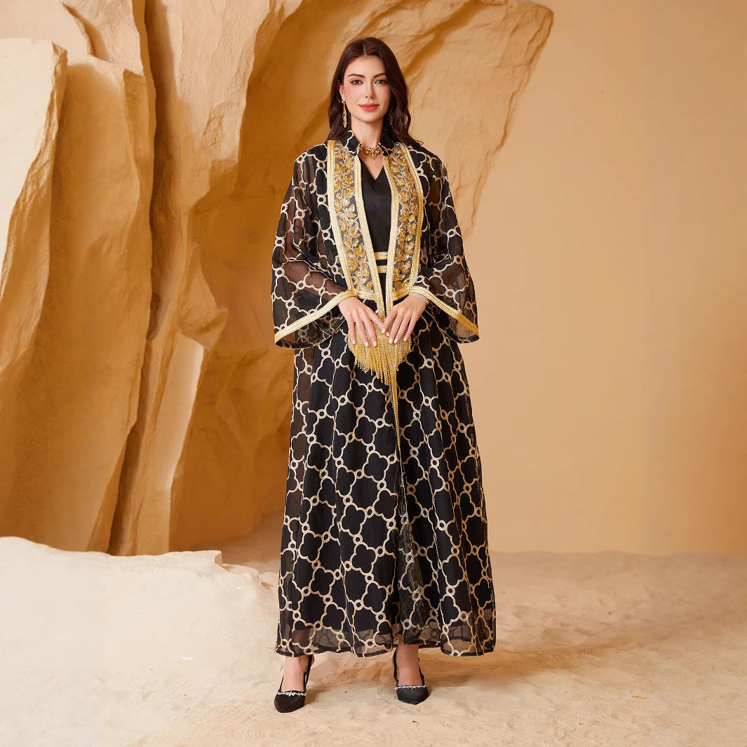 Women 2 Piece Black Gold Geometric Lattice Jacquard Sheer Lapel Collar Gold Floral Embroidery Open Kimono Outer Robe Belted Solid Black Inner Maxi Dress Gulf Luxury Layering Dubai Abaya Set For Eid Al Fitr Ramadan Nikkah Wedding Banquet