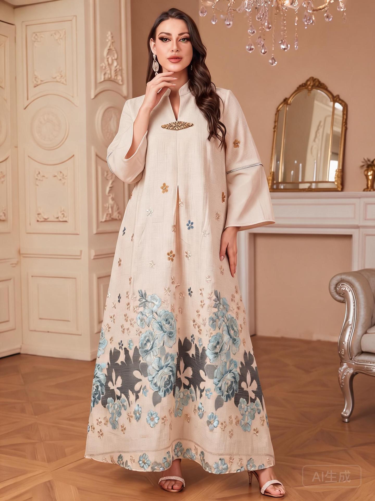 Camel Blue Light Blue V-Neck Rhinestone Embroidered Evening Abaya Dress